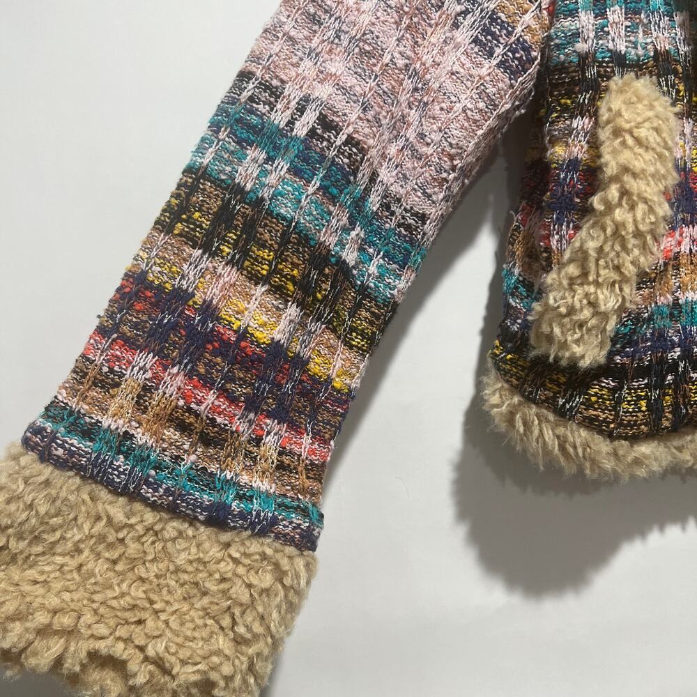 Anthropologie Cropped  Faux Shearling Fur Sherpa Cuffs Tweed Sweater Coat Size L - Picture 9 of 11